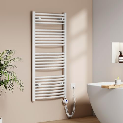EMKE Badheizkörper Elektrisch 1200 x 600 mm, Gebogen Handtuchheizkörper Elektrisch mit Thermostat Elektrischer Handtuchwärmer Handtuchtrockner Weiß 600 Watt