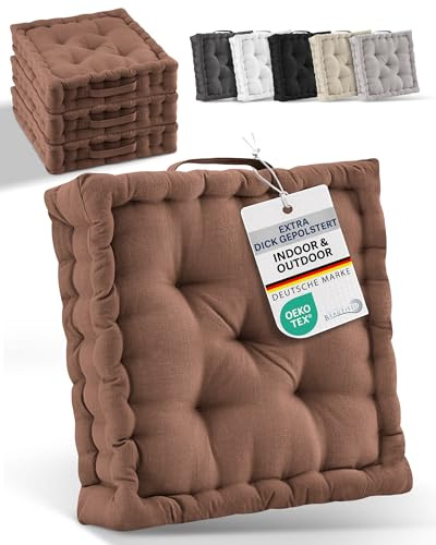 Beautissu 4er Set Bodenkissen Sitzkissen 40x40 cm - Dickes Matratzenkissen 8cm - 100% Baumwolle Stuhlkissen Indoor & Outdoor Sitzkissen Boden Tragegriff extra Dicke Sitzauflagen Braun - Mila