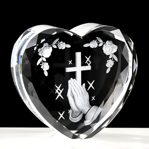 Ornalrist 3D K9 Crystal Heart Engrave Praying Hand Figurine Religious Gifts for Women Men Cross Christian Collectible Paperweight