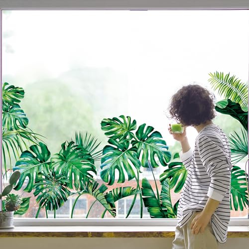 FYSUIMU 2 Sheet 11.8 x 35.4 Inch Large Summer Window Clings Tropical Palm Leaf Window Cling Green Plant Leaves Reusable Window Decals for Home School Classroom Glass Decor Party Supplies