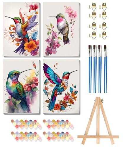 askkqtx 4 Pack Animals Paint by Numbers for Adults with Frame, Hummingbird Adult Paint by Numbers Canvas Kits for Beginners, Framed Paint by Numbers for Adults on Canvas Home Wall Decor 8x12 Inch