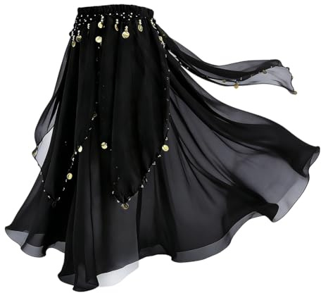 DICOSMETIC Black Belly Dance Long Skirts with Golden Cions 88cm Women's Belly Dance Costume Indian Dancing Skirt with Coins for Yoga and Arabic Dancing Masquerade Ball Costumes