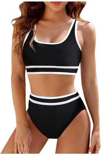 Bikini Mujer Tanga Bañador Reductor con Aros Sin Relleno 2026 Traje De Baño Bikinis Braga Alta Ropa Y Push Up Bañadores Reductores Culotte Top Talla Grande Cuello Halter Triquini Parte Arriba,Negro,M