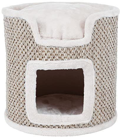 TRIXIE Katzentonne Ria 37cm in lichtgrau/natur – kleine Kratztonne für Katzen mit Kuschelhöhle und leicht erhöhtem Liegeplatz, gemütlich & stabil – 44706