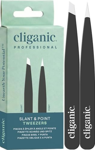 Cliganic Eyebrow Tweezers Set: Slant & Point Precision Tip | For an Easy Hair Removal, Stainless Steel, For Men & Women