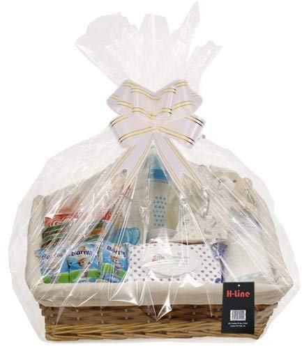 H-LINE LARGE Make Create Your Own Gift Hamper Kit - Natural Wicker Storage Basket Cellophane Wood Shred Bow Set - Ideal for Christmas Easter Christening Wedding Baby Shower or Birthday Gift