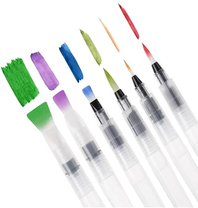 Mr. Pen Watercolor Brush Pens, 6 pcs, Pointed & Flat Tips, Nylon Bristles, White, Refillable, Portable Ink/Water Brush