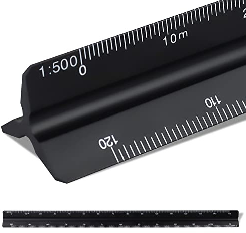 Righello triangolare in metallo per architetti, 30 cm, scala 1:100, 1:200, 1:250, 1:300, 1:400, 1:500 (nero)