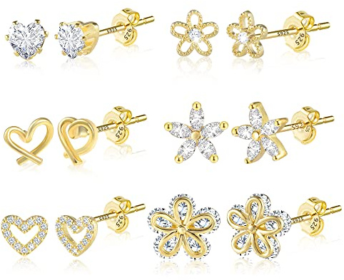 ALEXCRAFT Gold Heart Stud Earrings - 6 Pairs, Cubic Zirconia, 14k Gold Plated
