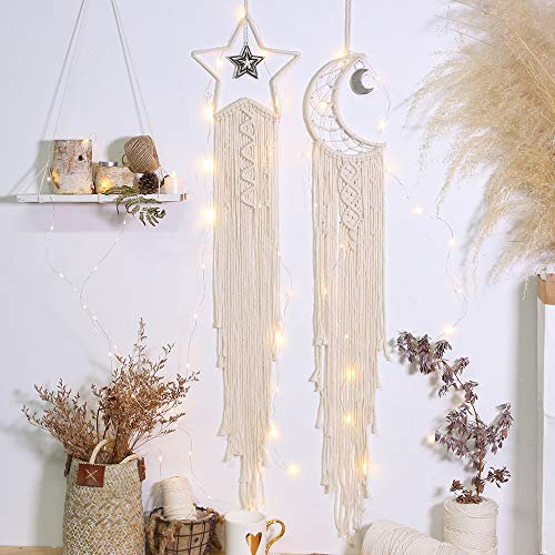 Lot de 2 tentures murales en macramé avec lumière LED Fait à la main, Attrape-rêvesTapisserie murale tissée Décoration d'intérieur bohème pour chambre d'enfant,mariage,fête