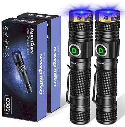 DARKDAWN UV Flashlight 365nm, LED Blacklight Flashlight, USB Rechargeable flashlights, Powerful Fluorescent Portable Mini Detector for Pet Urine Stains, Uranium Glass, Money, Resin Curing, 2 Pack