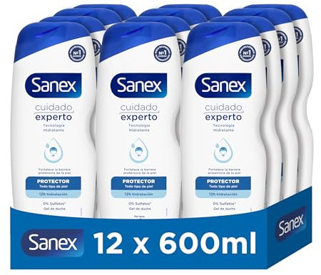 Sanex Cuidado Experto Protector Gel de Ducha, Pack 12 Uds x 600ml, Gel de Baño, Limpia Suavemente, Ayuda a Mejorar la Barrera Protectora de la Piel, 12H Hidratación, Complejo Prebiótico y Postbiótico