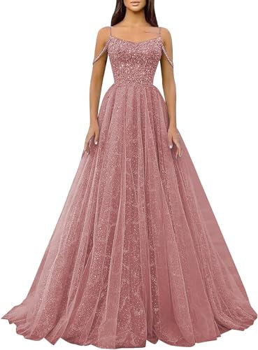 Générique Robe De Bal à Paillettes Scintillantes,Bretelles Spaghetti,en Tulle,Robe De SoiréE Formelle,Ligne A,éPaules DéNudéEs,Robe De SoiréE pour Femmes Dusty Rose S