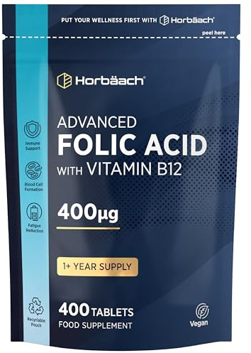 Folic Acid Tablets 400mcg | 400 Count (1+ Year Supply) | with Added 5mcg of Vitamin B12 Cyanocobalamin | Pregnancy Support | Suitable for Vegans | By Horbaach