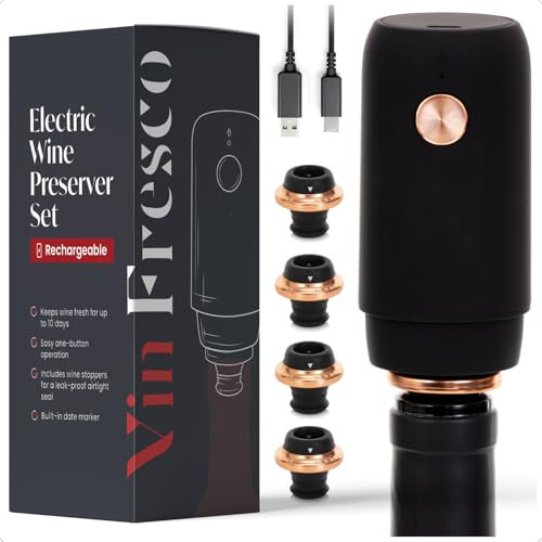 Electric Wine Preserver - Rechargeable Vacuum Saver with Airtight Seal - Automatic Air Remover Pump for 10 Days of Flavor & Freshness - Preservation System (Black & Rose Gold)