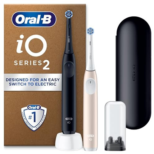 Oral-B iO2 Duo Electric Toothbrushes, 2 Gentle Care Toothbrush Heads, 1 Travel Case, 1 Travel Refill Holder, Oral B Toothbrush Adults (Night Black and Calm Pink), Designed by Braun, 2 Pin UK Plug