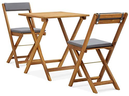 Homgoday 3-TLG. Bistro-set vikbart med kuddar, massivt trä, akacia bistro-set, trädgårdsbord med stolar, balkongmöbler, sittgrupp med balkongbord, trädgårdsset för trädgård, balkong
