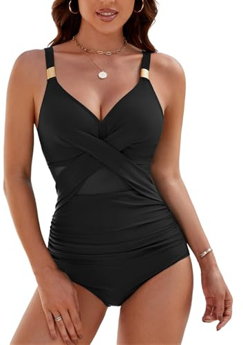 Svanco Maillot De Bain Femme 1 Pieces Gainant Ventre Plat Maillot Une Pièce en Maille Elégant Amincissante Push Up Rembourré Monokini