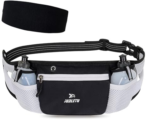 Cintura da Corsa Regolabile con 2 Bottiglie d’Acqua, Borsa Banana Sport con 1 Diadema per Correre, Impermeabile, Strisce Riflettenti, per Maratona, Jogging, Ciclismo, Arrampicata (Nero)