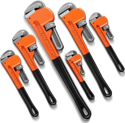 Lanties 6 Piece Heavy Duty Pipe Wrench Set - 8, 10, 12, 14, 18, 24, Adjustable Chrome Vanadium Steel Plumbing Wrench Set with Soft Handle & Gloves for Plumbers, Pipeline, Auto Repair(Orange)