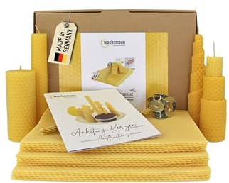 Juego de velas para hacer tú mismo, 15 placas de cera de abejas (15 x 20 cm) con mechas de cáñamo para 15 velas de cera de abejas, cera de abeja 100% pura de Alemania, mechas de 21 cm, velas de