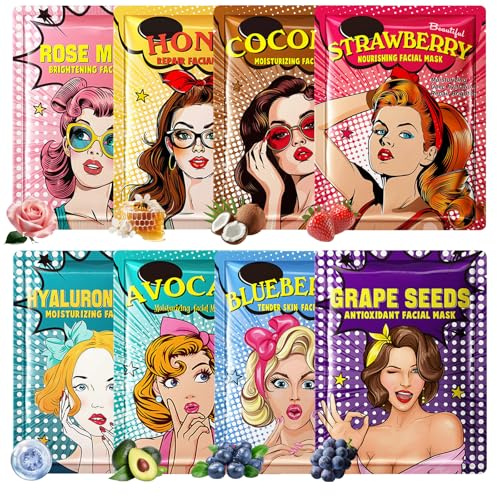 8 Pcs Masques Pour Le Visage,Coffret Masque Visage Femme, Skincare Masque, Peau Douce Et Hydratée,Masque Tissu Pour Cadeau Ado Fille,Convient à La Plupart Des Types De Peau