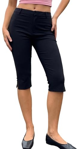 ensswliz Women Capri Legging Pant Low Rise Side Split Knee Length Cropped Pants for Casual Work Yoga (A-Black, L)