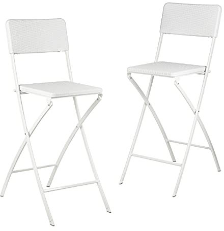 Relaxdays Sgabello Alto Pieghevole, Set da 2, H: 78 cm, Sedia da Bar con Schienale e Poggiapiedi, Aspetto Rattan, Bianco