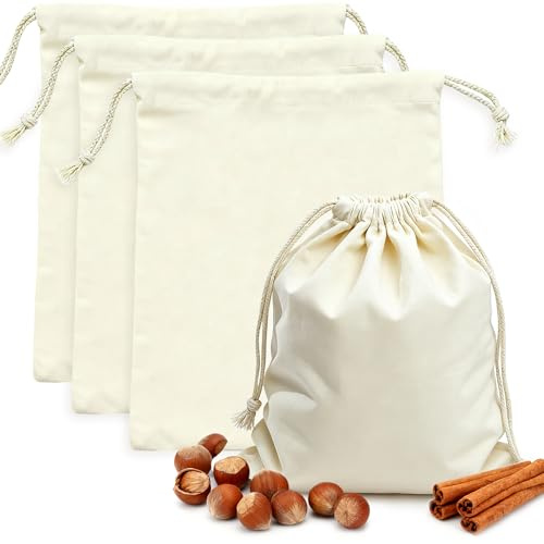 PrettyCare 15x13 Inch Reusable Cotton Storage Bags, 3-Pack Muslin Drawstring Bags for Bread, Potatoes, Onions, Produce; Biodegradable Canvas Fabric Sacks for Shoes, Laundry, Clothes, Travel Storage