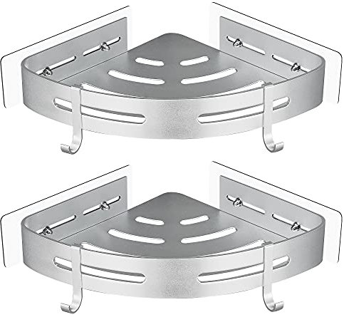 GRICOL Estante de ducha esquinero de metal sin taladrar con 2 ganchos para soporte de ducha, a prueba de óxido, artículos de baño autoadhesivos (plateado)