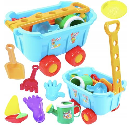 HUKITECH NEU Trolley mit Sandspielzeug (Spaten Harke Gießkanne Schiff Sandformen UVM) Strandwagen für Kinder - Rollwagen Warenkorb Transportkarre Bollerwagen Sandkasten Zubehör