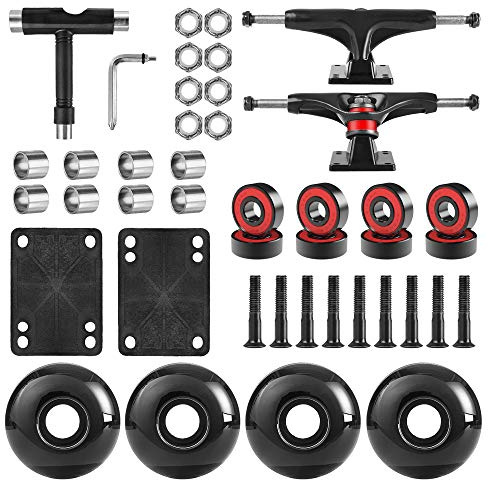 AXDT Skateboard Wheels Set,Include Skateboard Trucks, Skateboard Wheels 52mm, Skateboard Bearings, Skateboard Pads, Skateboard Hardware 1 (Black Truck & Black Wheel)