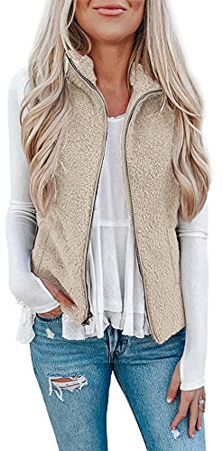 LOMON Women's Sherpa Fleece Zipper Vest, Fall Warm Quilted Gilet with Zip Pockets, Khaki M