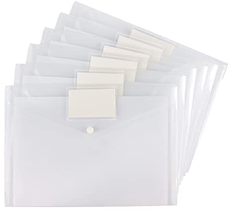 6 Pack Clear Document Folders Plastic Envelopes Poly Envelopes File Envelopes with Label Pocket and Snap Button for Home Work Office Organization, Letter Size/A4 Size, White