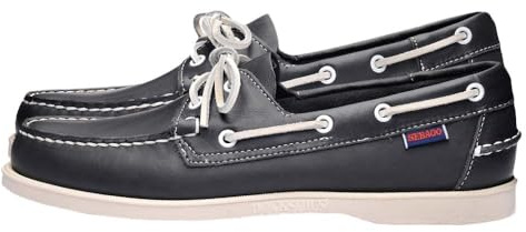 Sebago Portland Chaussures bateau – Mocassins en cuir pleine fleur, cousus à la main avec doublure en cuir et semelles extérieures en caoutchouc antidérapant non marquantes, Bleu marine, 9