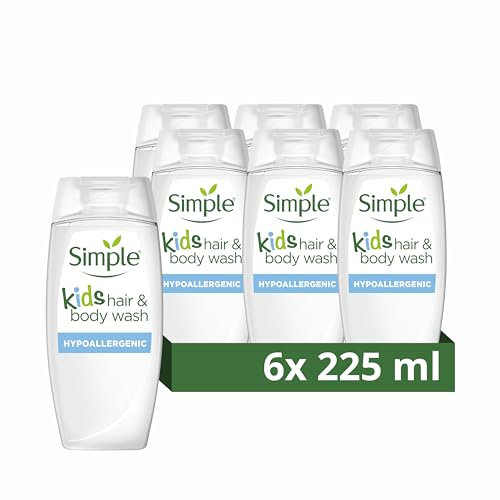 Simple Kind to Skin Kids Hypoallergenic Hair & Body Wash pack of 6 with chamomile oil shampoo for kids 225 ml, White