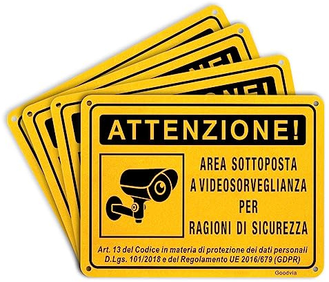 Cartello Telecamera Sorveglianza Alluminio Metallo 4pz 15 * 20cm GDPR 2022 Impermeabile e Resistente ai Raggi UV Durevole