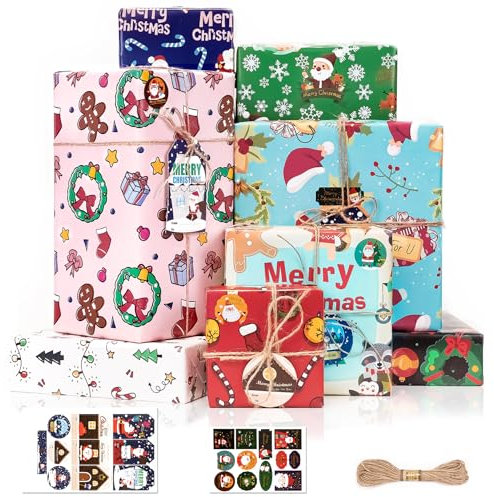 Larcenciel Geschenkpapier Weihnachten + Geschenkanhänger + Aufkleber + Bindfaden, 10 Blatt Buntes Weihnachtsgeschenkpapier, Niedlicher Cartoon Weihnachtspapier für Neujahr, Urlaub, Geburtstag, 70x50cm