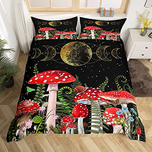 Wilde Pilz Bettbezug Set S Größe, Sun Moon Planet Star Sky Bettwäsche Set für Kinder Teens Mädchen Jungen Zimmer Dekor, Pflanze Trippy Tröster Abdeckung Red Quilt Cover mit 1 Kissenbezug