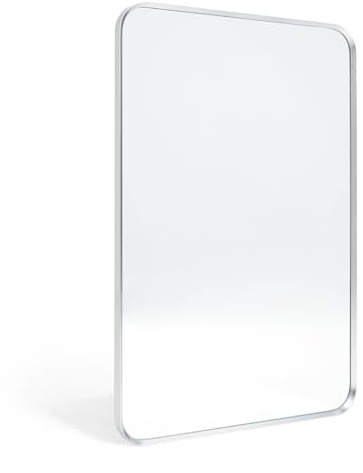 Minuover Wall Mount Mirror for Bathroom, Brushed Silver Metal Framed Rounded Corner Rectangular Vanity Mirror (20 x 30, Silver)