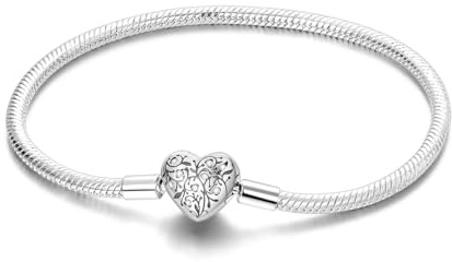 Pulsera con dijes para mujer de plata de ley, pulsera con cadena de serpiente con cierre de corazón, dijes de viaje, pulsera europea, joyería compatible con dijes Pandora, regalo para ella
