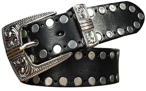 Lädernitbälte för män, justerbart bälte för män med dubbade punkmotorcykel Western med metallstiftsspänne,Black,115CM/45.3''