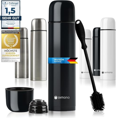 Edelstahl Thermosflasche mit Becher & Bürste; Thermoskanne Doppelwandige Isolierkanne; Auslaufsicher, Spülmaschinenfest & BPA-frei + Reinigungsbürste; hält Getränke heiß & kalt (Schwarz - 500 ml)