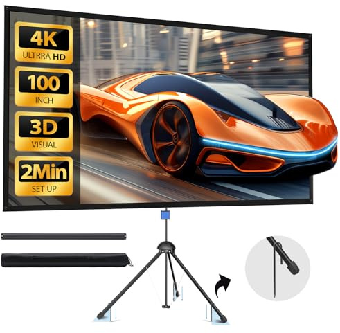 Projector Screen with Stand - 100 Indoor/Outdoor 16:9, 4K HD PVC Screen with 1.5 Gain, 2IN1 for Backyard Theater & Wall Hanging, Includes Carry Bag
