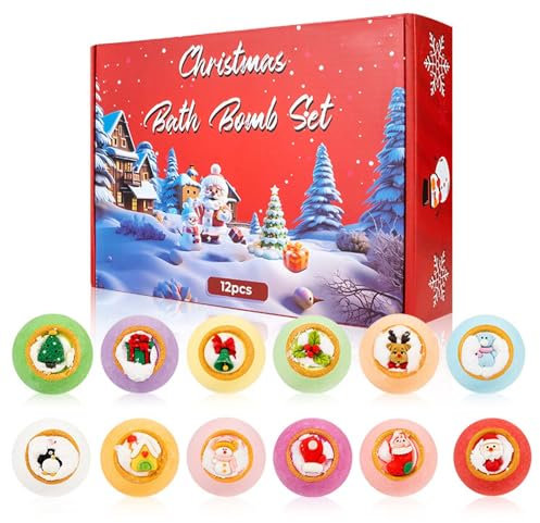 Bombas de Baño para Niños con Navidad Sorpresa,12Pcs Set Bolas de Baño con Aceites Esenciales,Bombas de Baño de Espuma Natural Orgánicas Baño de Burbujas Regalos de Cumpleaños/Navidad para Niños Niñas