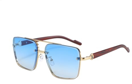 LJCZKA Gafas De Sol con Montura de Metal Estilo Piloto Vintage para Hombre, Gafas de Gran Tamaño con Doble Puente y Cuadradas, Protección UV400 para Conducir y Viajar (Azul Dorado)