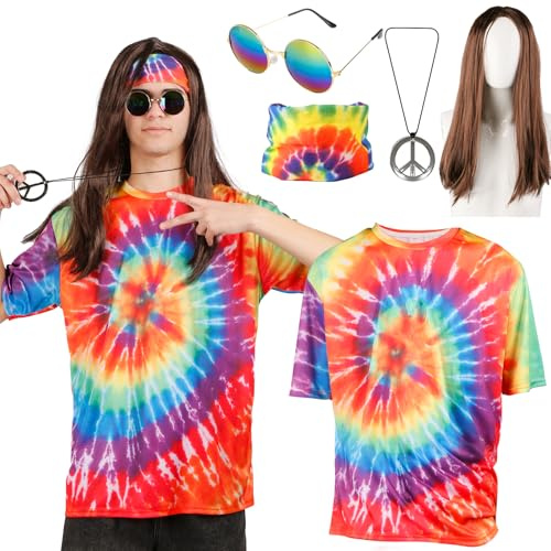 Gigquake Costume Da Uomo E Donna Set Anni '60 '70 '80 Abbigliamento Hippie Con Maglietta Occhiali Parrucca Fascia Catena Pace Per Discoteca