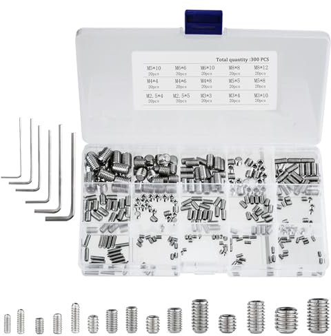 Tunejoy 300 Pièces Vis Sans Tête Hexagonale Vis à Tête Conique M2.5 M3 M4 M5 M6 M8 Assortiment à Six Pans Creux en Acier Inox avec Clé Allen pour Poignées de Porte