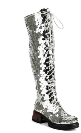 HXTYXCQ Cuissardes À Plateforme À Talon Bloc pour Femmes Bottes Longues À Lacets avec Fermeture Éclair Latérale Bout Rond Au-Dessus du Genou Bottes,Argent,40 EU