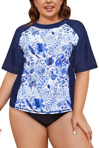 SHEKINI Damen Kurzarm Rash Guard Schwimmshirt Surfshirt Oberteile Badeanzug Schwimmanzug Große Größen（3XL，Schwarz - SX）